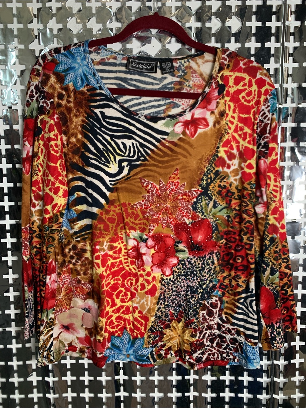 Nostalgia Red, Gold & Blue Animal Floral Patchwork Long Sleeve Top